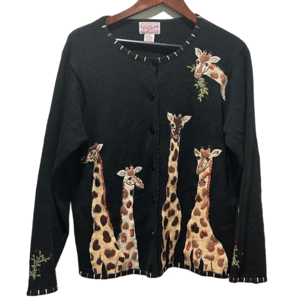 🎻Ronnie salloway  vintage black cardigan sweater safari giraffe size L GUC….